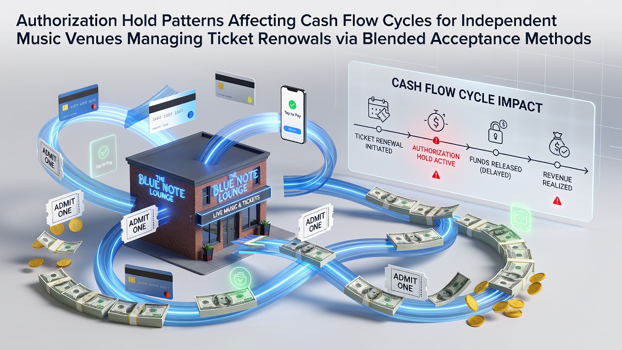 Authorization hold patterns diagram showing blended payment flows for music venue ticket renewals