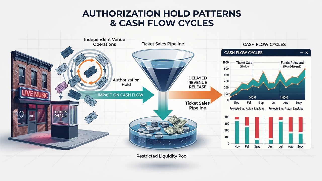 Cash flow timeline illustration for music venues blending POS and online ticket payments
