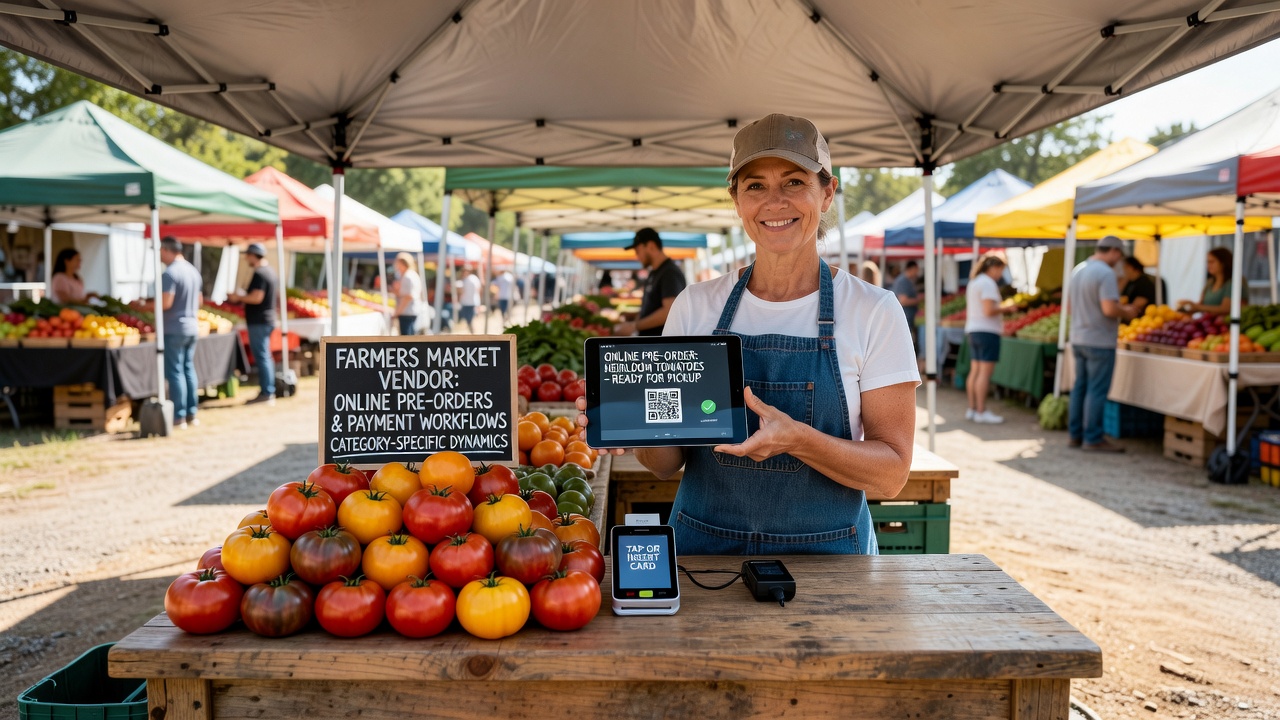 Farmers market vendor processing an online pre-order payment at a stall filled with fresh produce