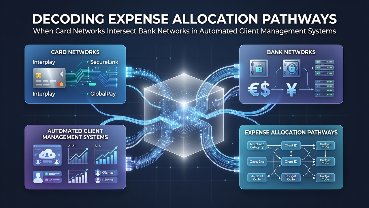Diagram showing card network and bank network intersections in automated client management systems