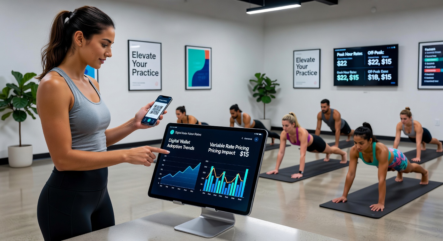 Boutique fitness studio interior showing modern payment terminals and class scheduling displays