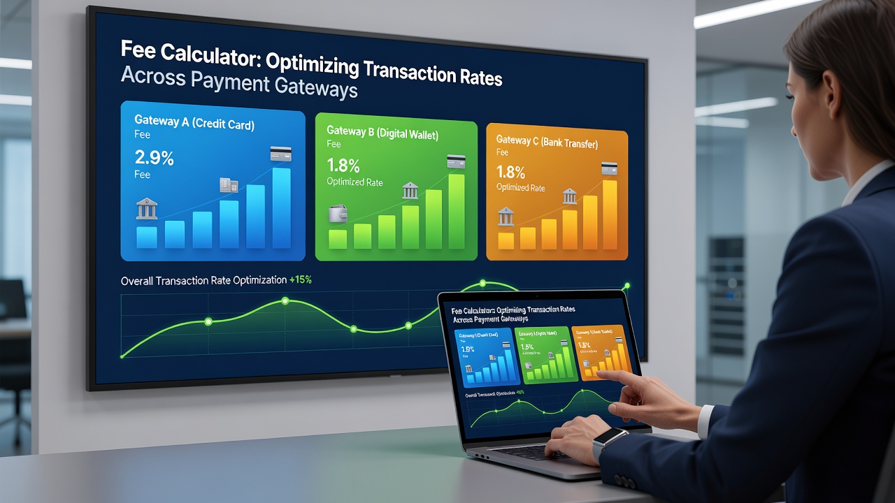 Screenshot of fee calculator dashboard displaying optimized rate comparisons for various payment gateways in subscription billing environments
