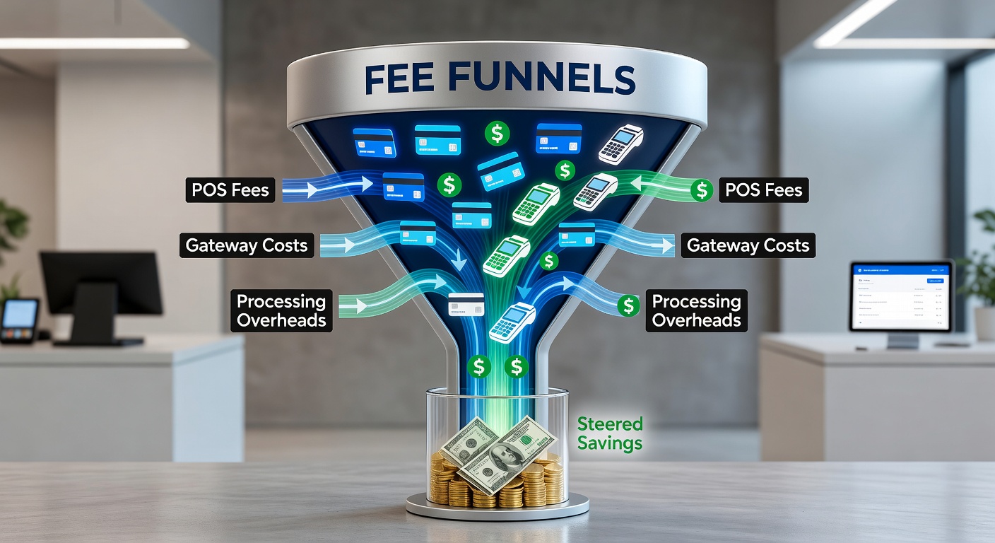 Flowchart showing fee funnel logic branching POS and online payments to cost-optimized processors and networks