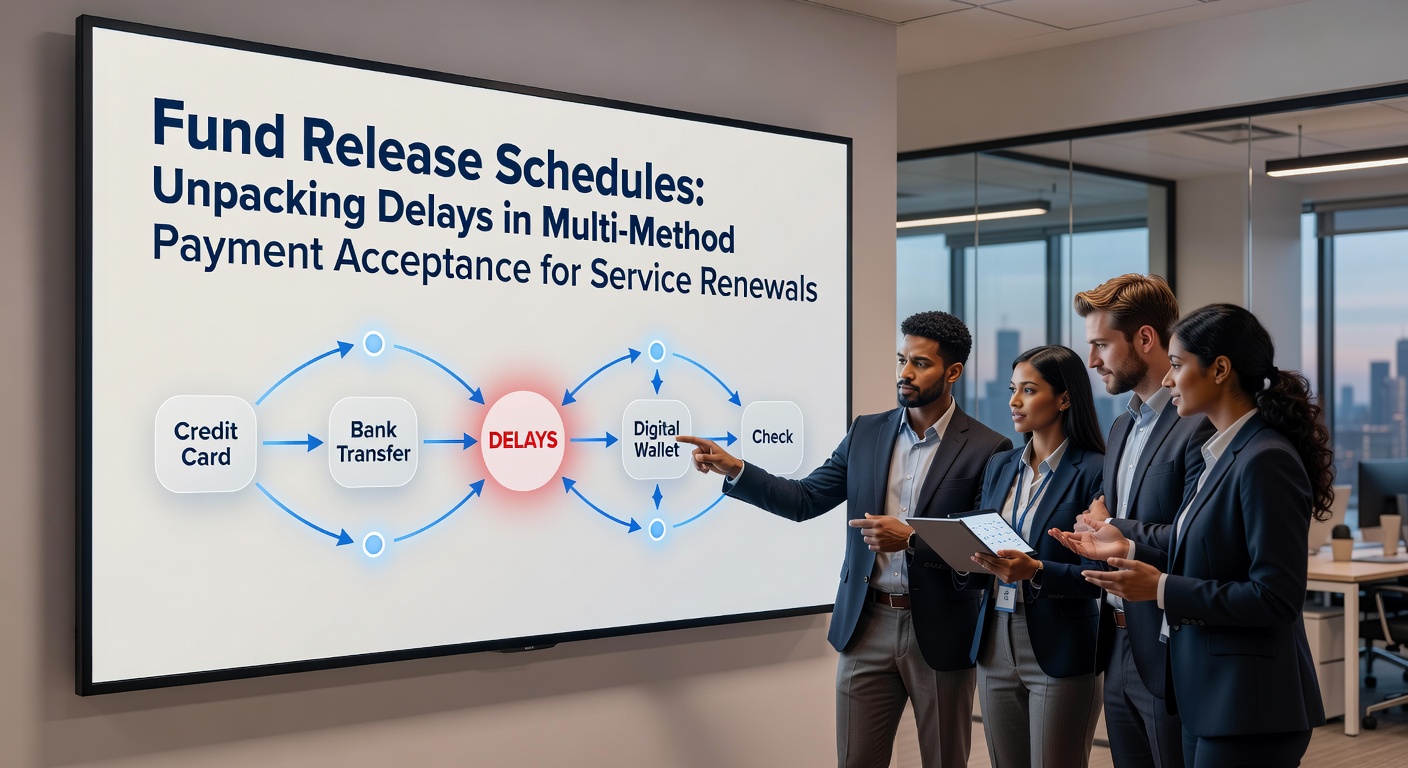 Payment processing dashboard showing fund release timelines across credit cards, ACH transfers, and digital wallets for recurring service renewals