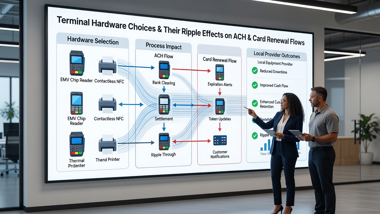 Terminal hardware integration examples showing ACH and card renewal pathways for equipment providers