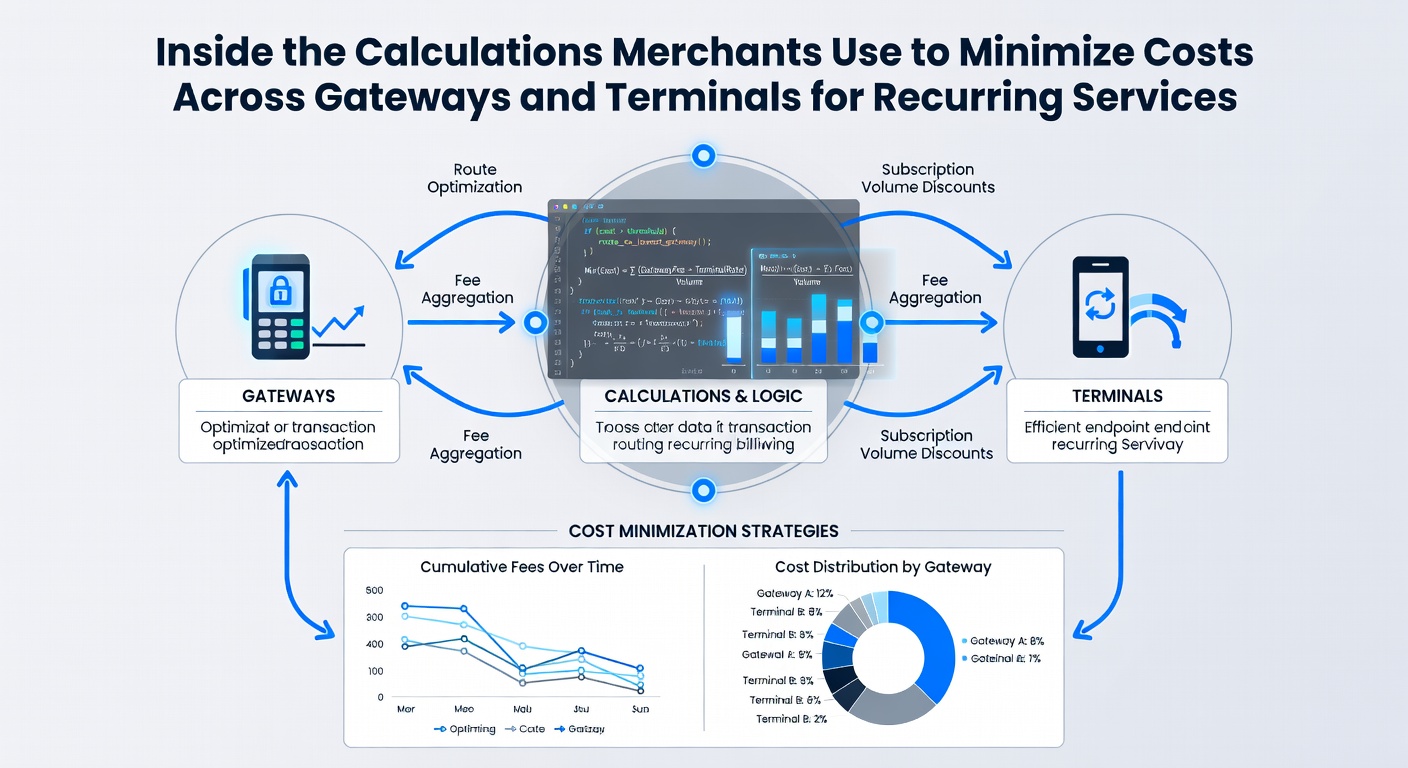Merchants reviewing payment processing calculations on multiple screens showing gateway and terminal fee structures