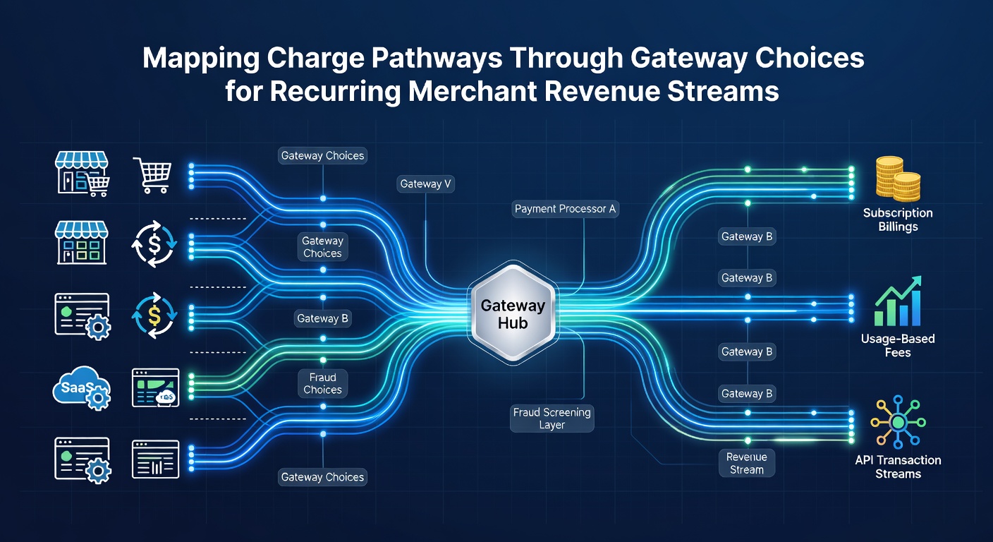 Flowchart showing settlement sequences and revenue reconciliation steps across gateway options for ongoing merchant billing