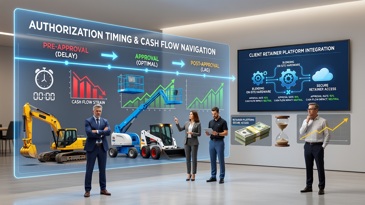 Equipment rental firm processing payments with on-site hardware terminal and digital retainer platform dashboard visible on screen