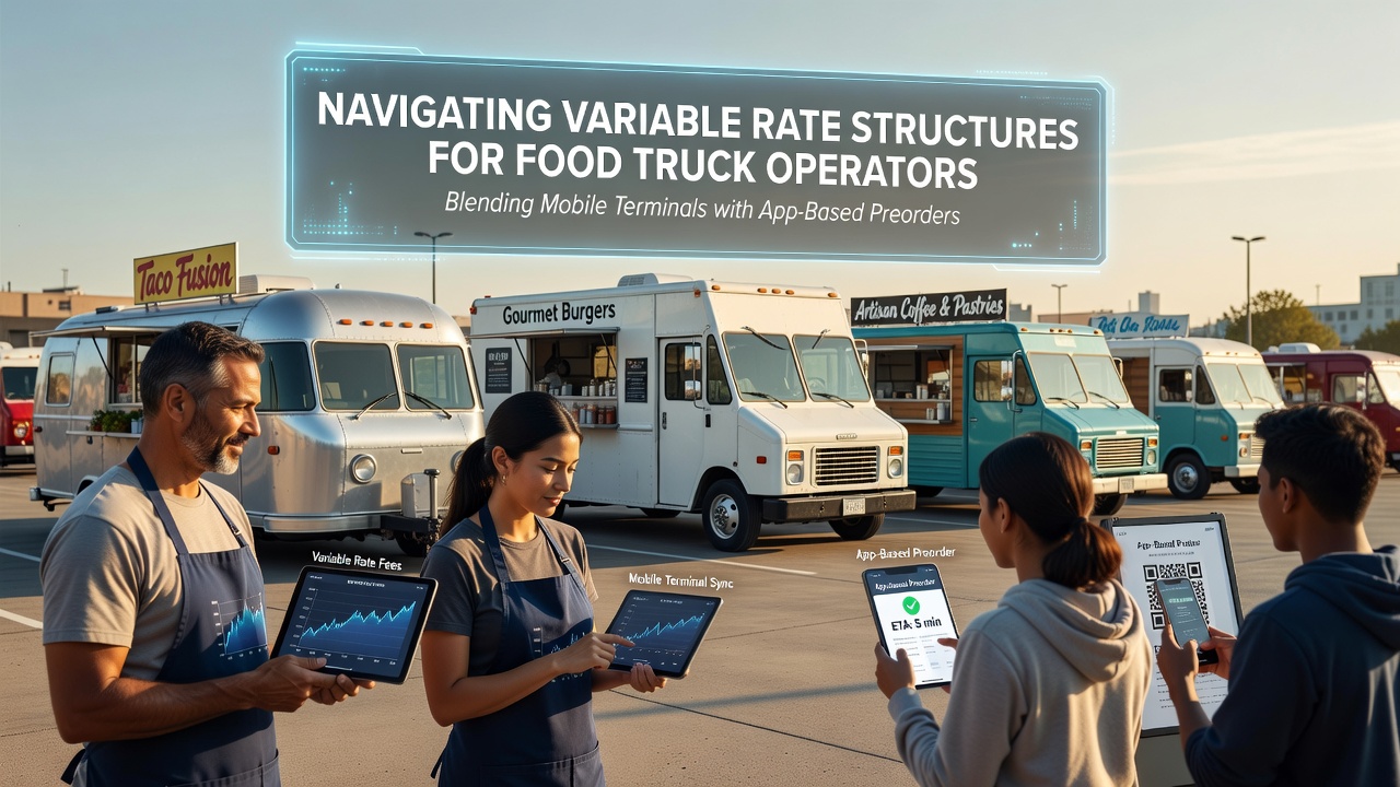Food truck operator processing a preorder payment on a mobile terminal while customers use an app interface in the background