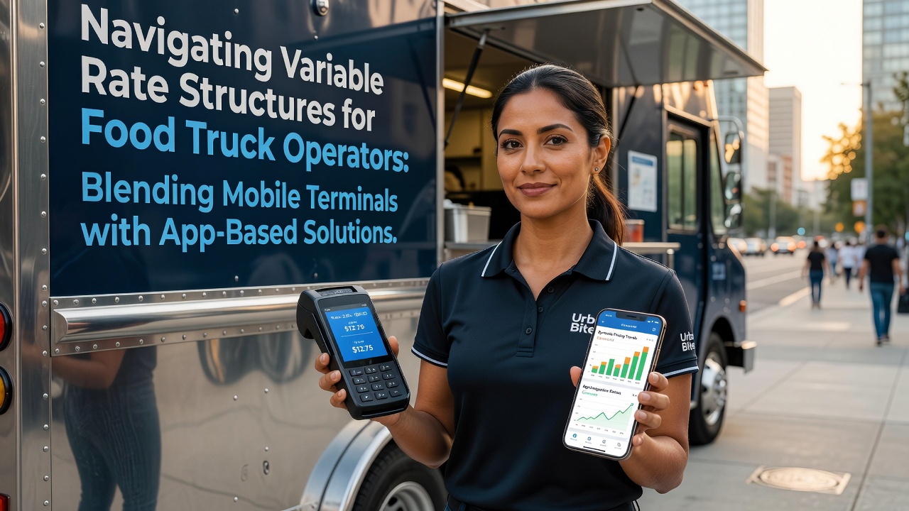 Detailed view of a food truck dashboard displaying blended transaction reports from mobile terminals and app preorders with rate breakdowns