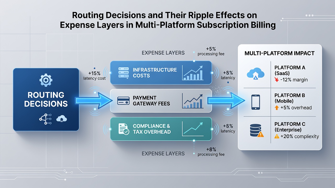 Flowchart illustrating expense accumulation across multiple billing platforms and routing options