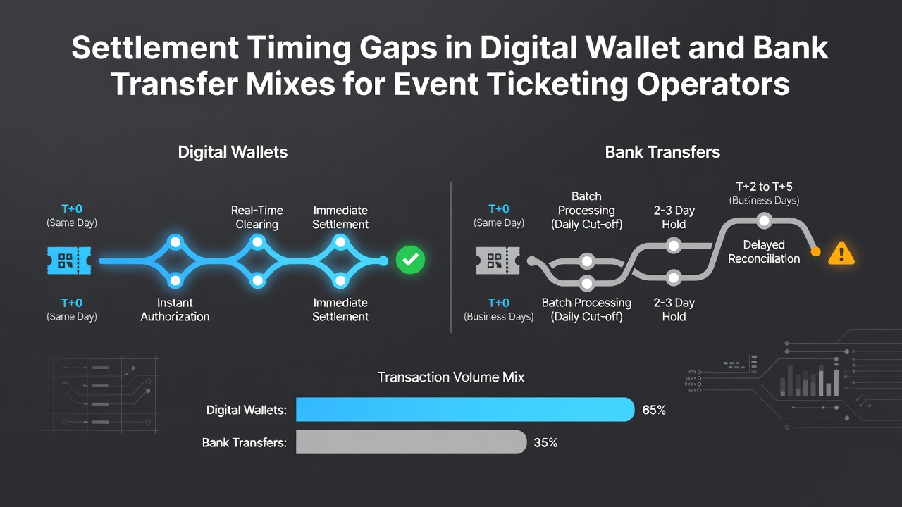 Event ticketing operators reviewing settlement timelines for mixed payment methods including digital wallets and bank transfers
