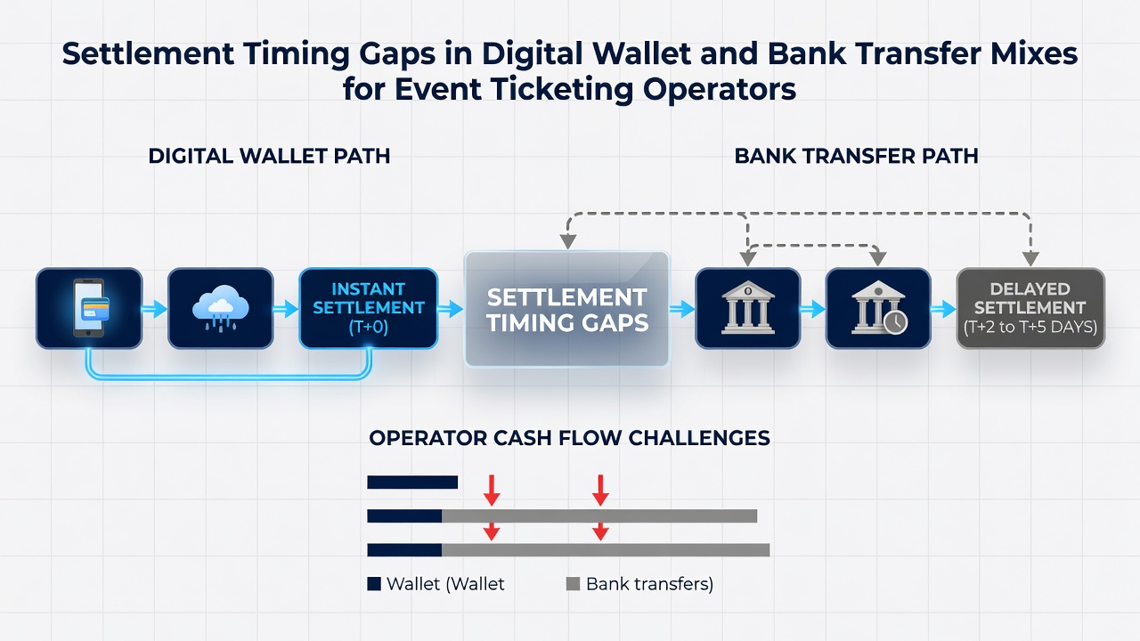 Ticketing platform dashboard displaying settlement status across digital wallet and bank transfer transactions
