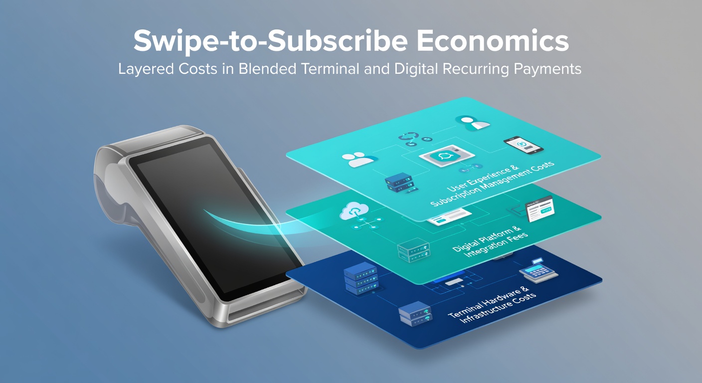 Illustration of a merchant terminal swiping a card alongside a digital subscription interface on a mobile device, highlighting blended payment flows