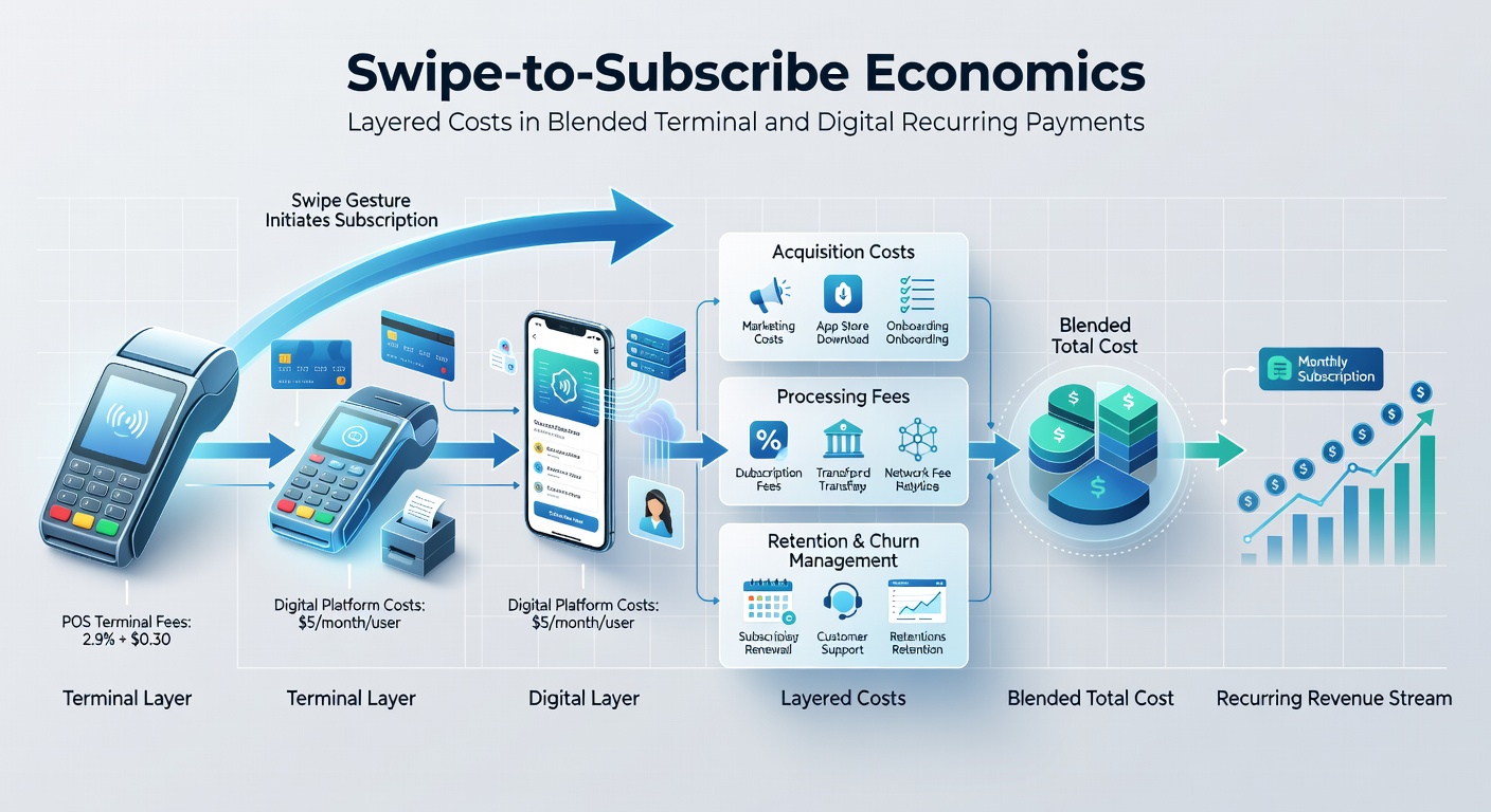 Graph depicting layered fee structures in a blended payment flow, showing terminal swipe costs transitioning into digital recurring charges over time