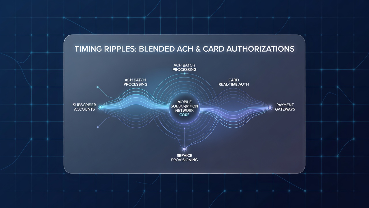 Flowchart illustrating settlement timing gaps and cash flow impacts in blended ACH and card mobile subscription processing