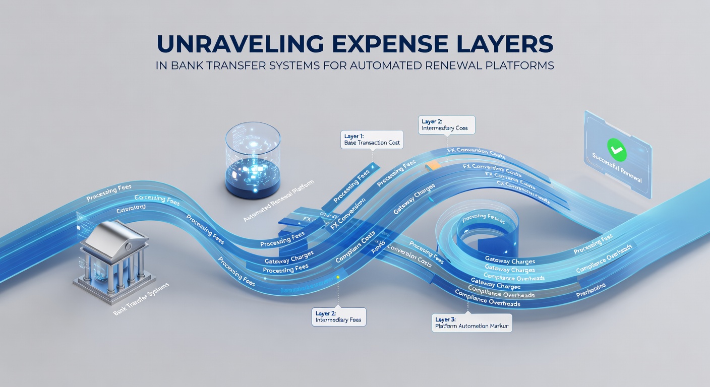 Diagram showing layered costs in automated bank transfer renewals with arrows connecting processing stages