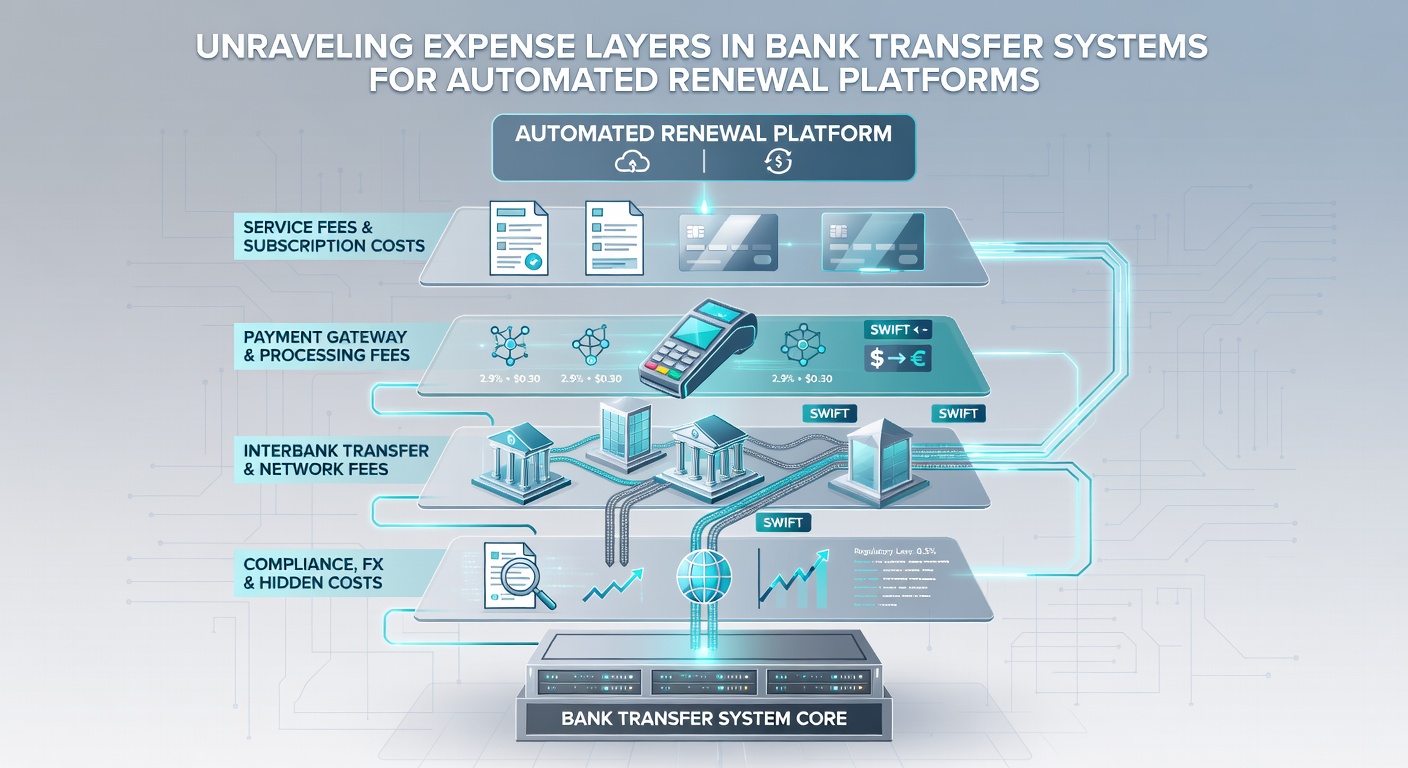 Flowchart illustrating bank transfer stages and cumulative expense buildup for renewal platforms
